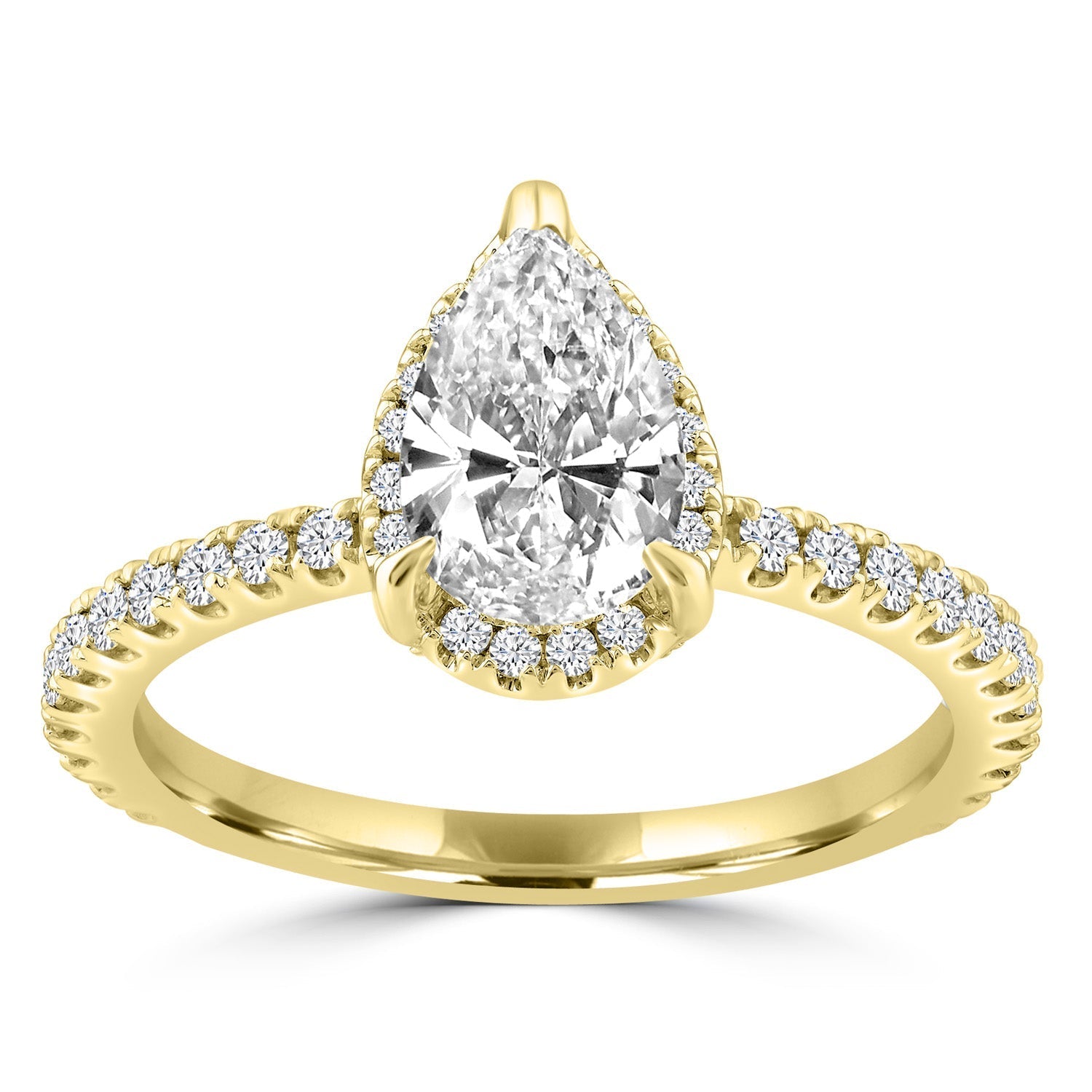 Pear Shape diamond halo engagement ring set in yellow gold