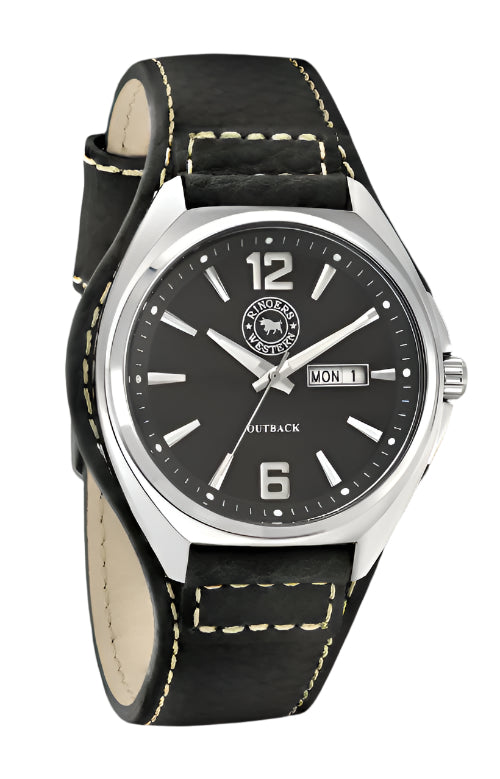 Black wristwatch with a black leather strap on a white background