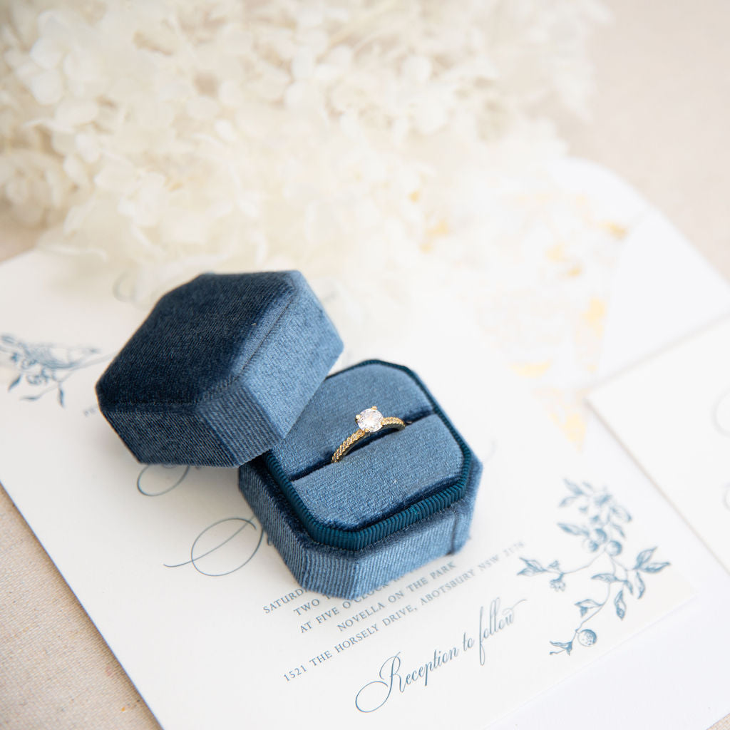 Single slot blueberry elvet ring box for ceremonies with sample ring 