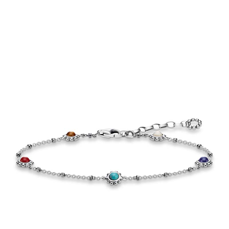 Silver bracelet with colorful gemstones on a white background