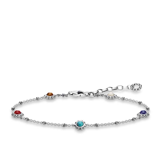 Silver bracelet with colorful gemstones on a white background