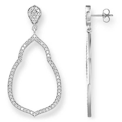 Silver-tone teardrop-shaped drop earrings with pavé crystal detailing, shown from the front and side profile on a white background.