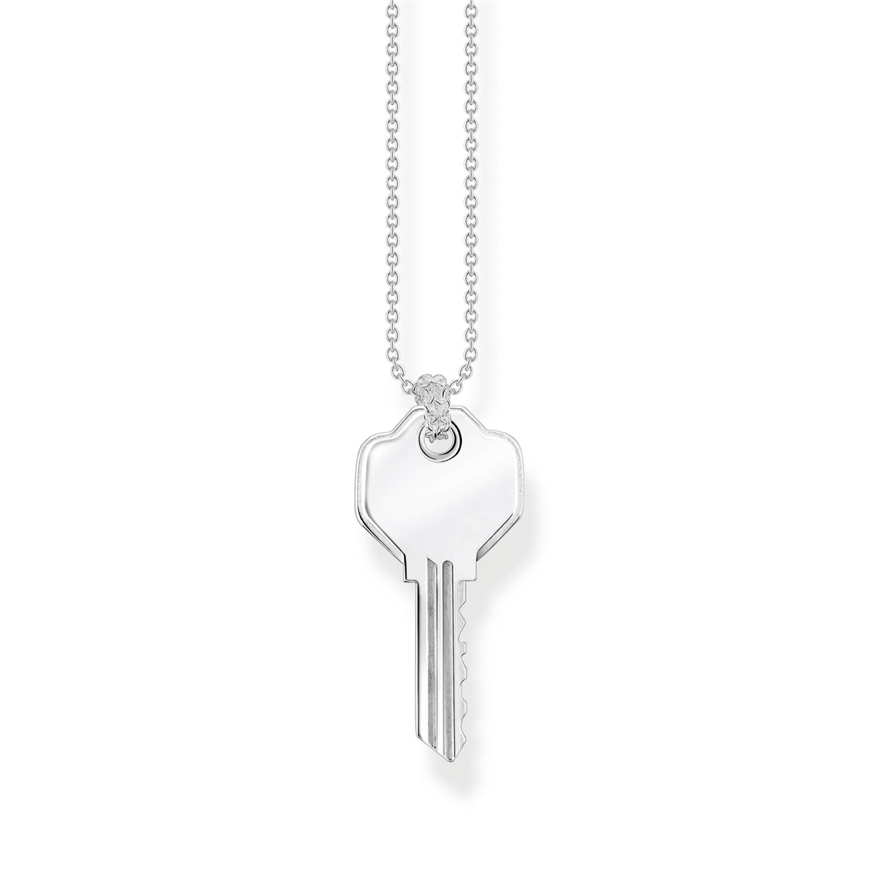 Silver key-shaped pendant necklace on a white background