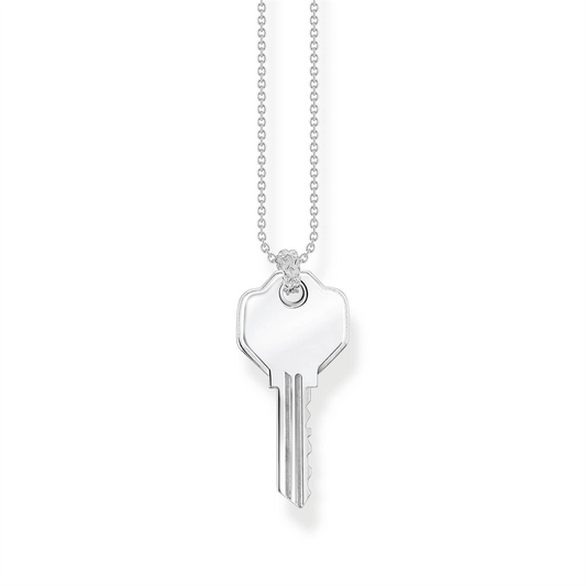 Silver key-shaped pendant necklace on a white background