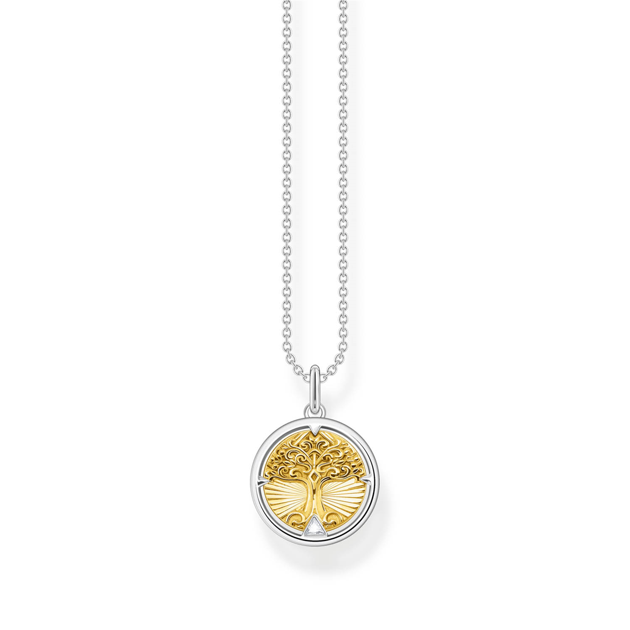 Gold and silver necklace with a tree of life pendant on a white background