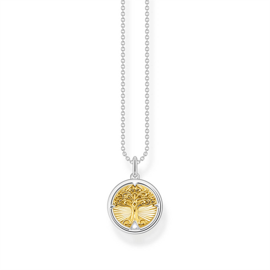 Gold and silver necklace with a tree of life pendant on a white background