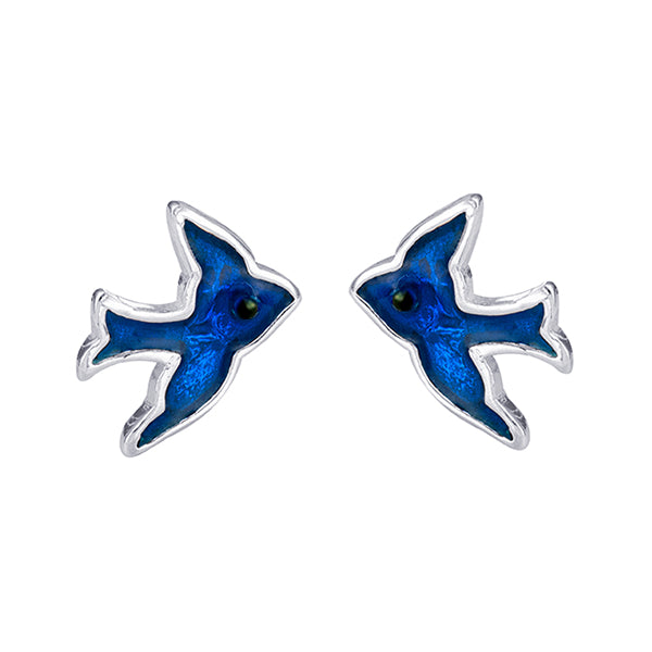 925 Sterling Silver Enamel Blue Bird Studs