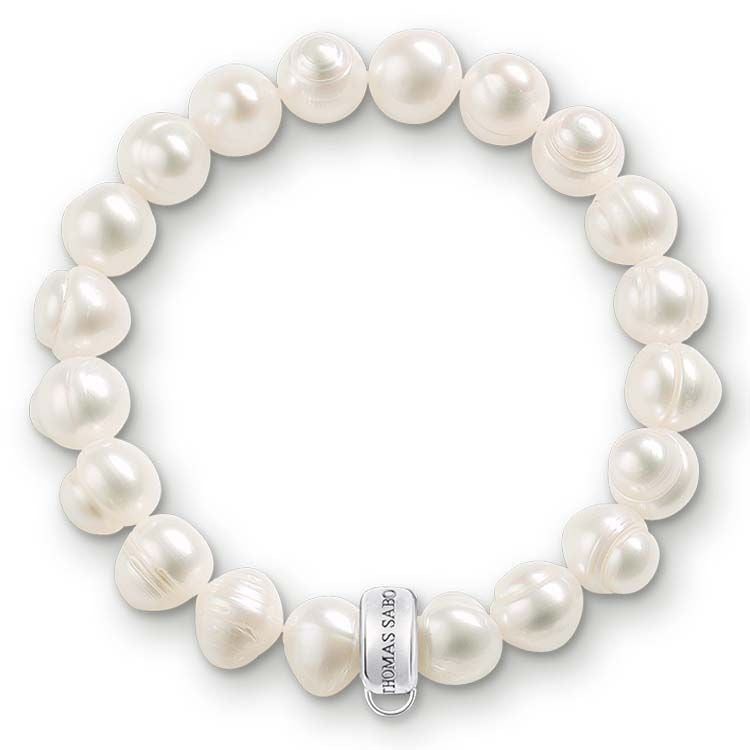 Pearl bracelet with a visible brand tag on a white background