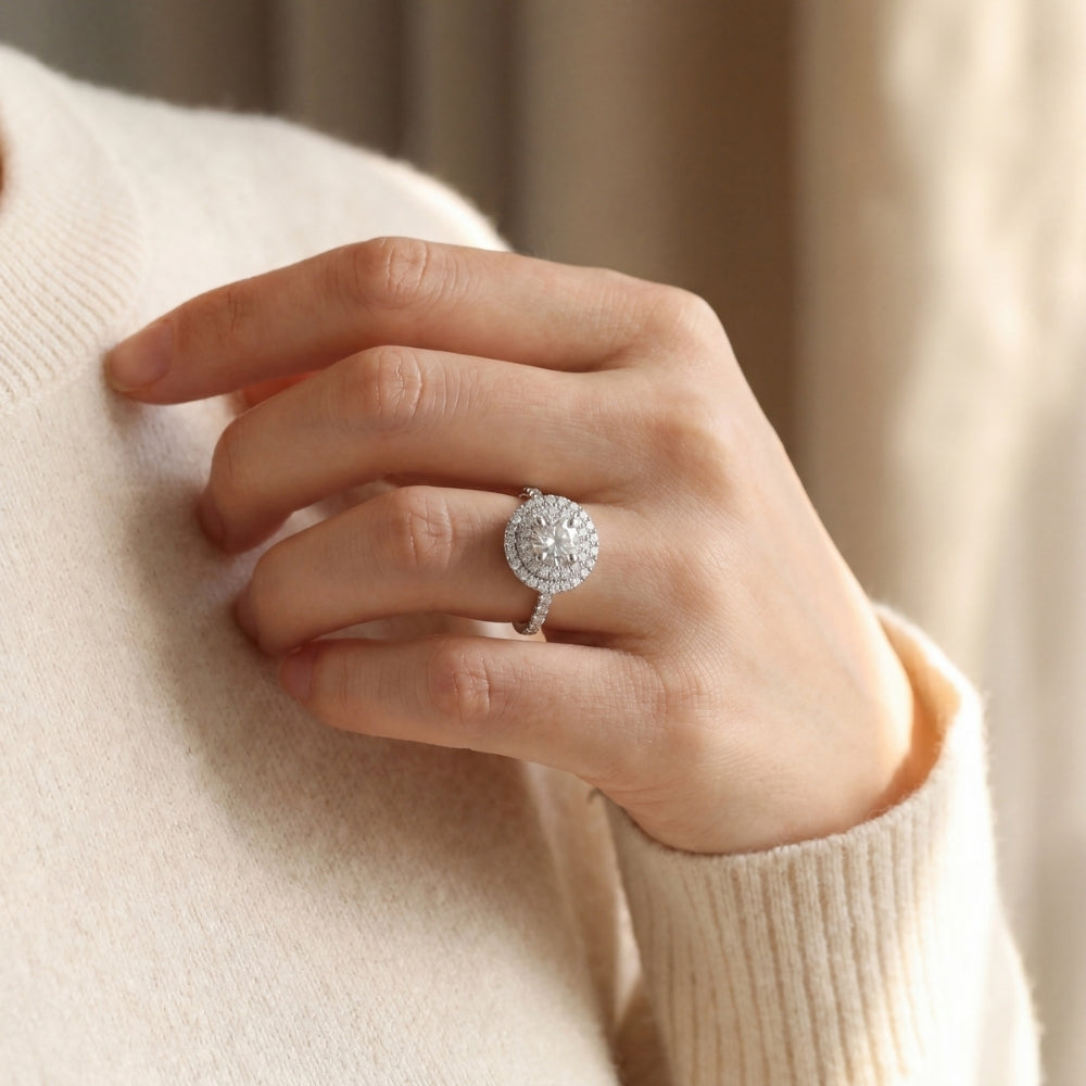 diamond halo ring on ladies hand 