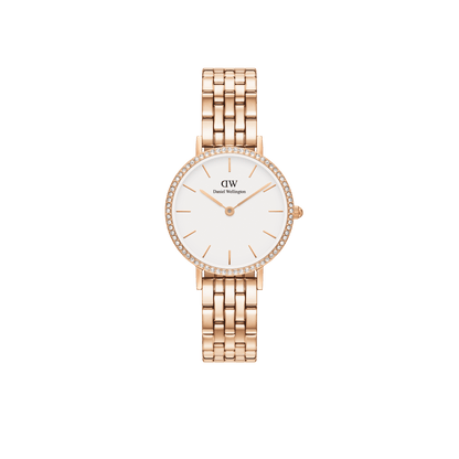Daniel Wellington Petite 28 Bezel 5-Link White & Rose Gold Watch