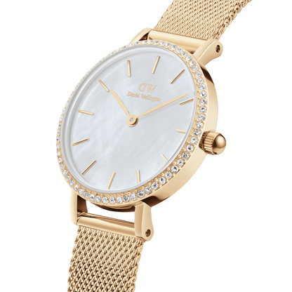 Daniel Wellington Petite 28 Bezel Mesh White Mother of Pearl Gold Watch