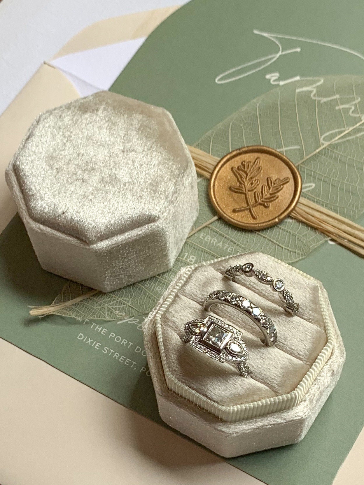 TRIPLE Ring Box Octagon Wedding Ring Box Wedding Ceremony, Ring Bearer Box, Velvet Gift Jewellery Box Velvet Ring Box  Ring Box