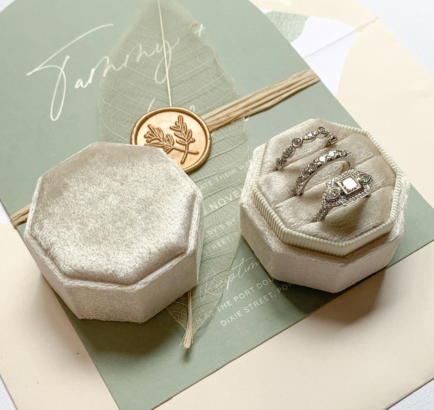 TRIPLE Ring Box Octagon Wedding Ring Box Wedding Ceremony, Ring Bearer Box, Velvet Gift Jewellery Box Velvet Ring Box  Ring Box