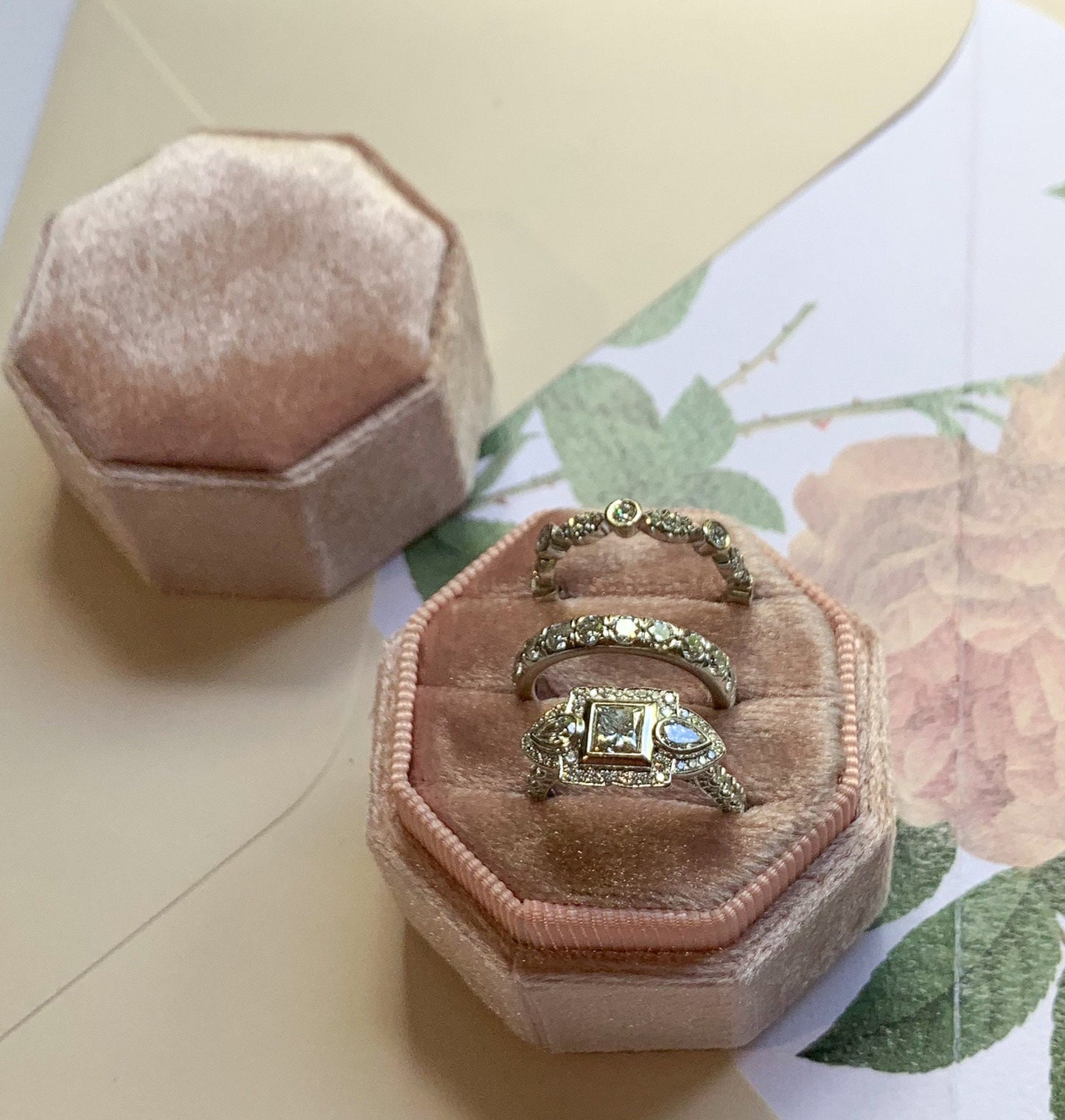 TRIPLE Ring Box Octagon Wedding Ring Box Wedding Ceremony, Ring Bearer Box, Velvet Gift Jewellery Box Velvet Ring Box  Ring Box