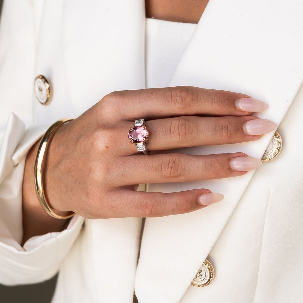 large oval pink tourmaline gemstone dress ring with diamonds white dress suit