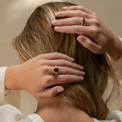 red rhodolite garnet dress ring photoshoot 